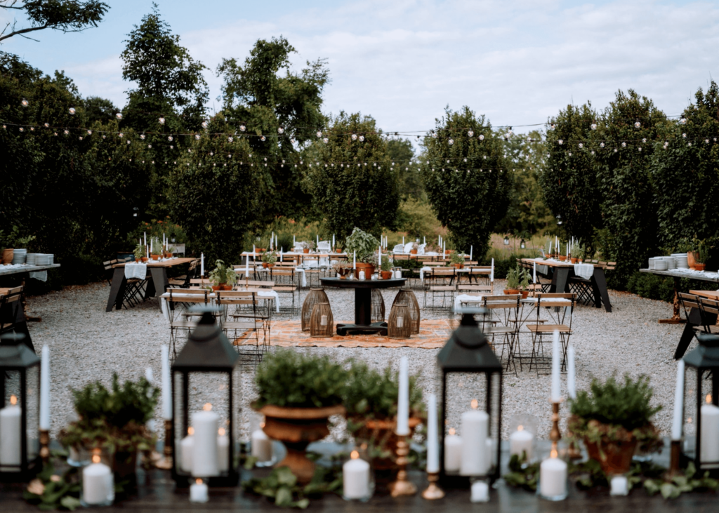 Outdoor dinner wedding reception at M & D Farm.